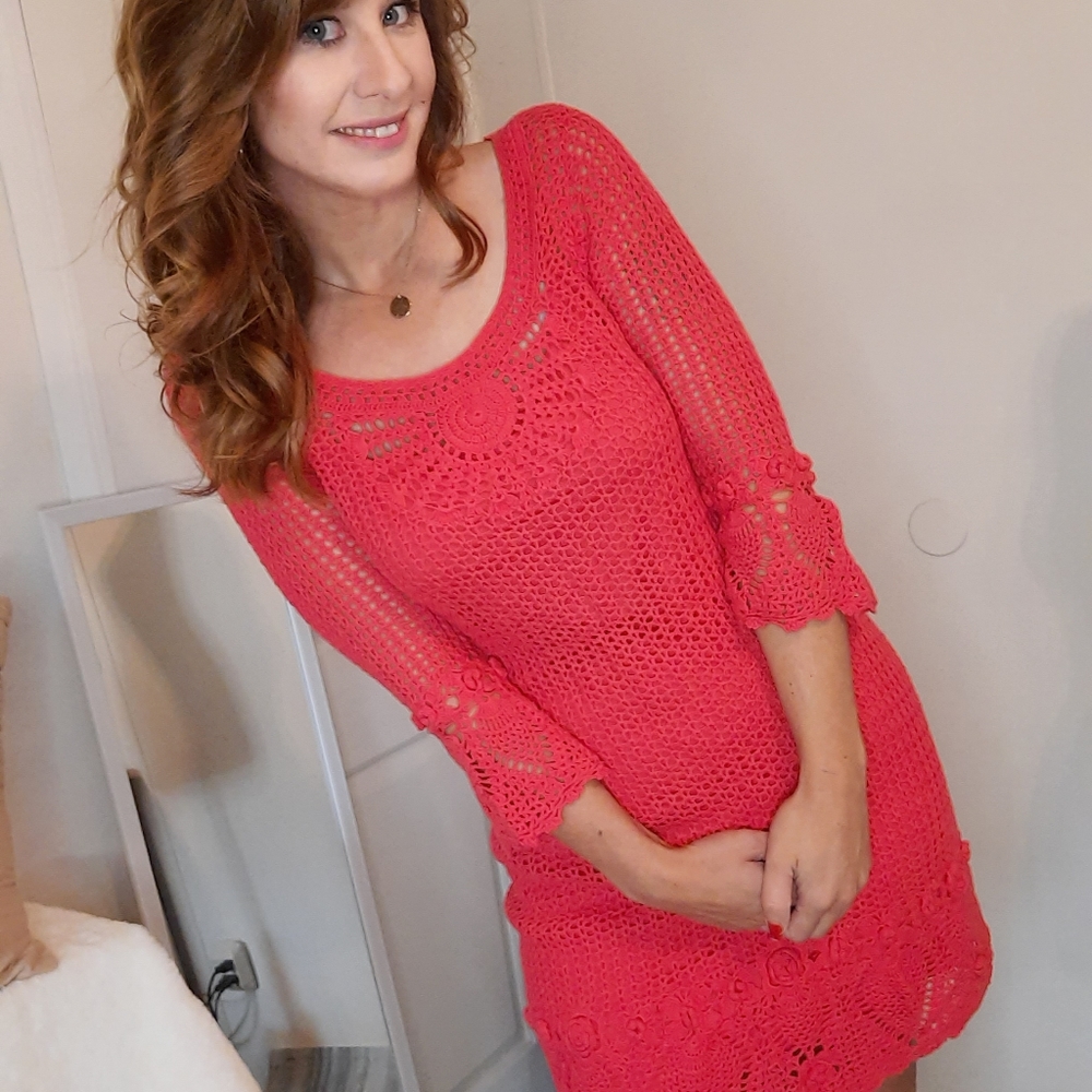 INC International Concepts "In Voyage" Crochet Coral Clay Midi Party Dress